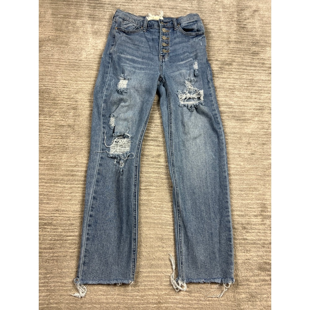 KanCan Jeans Women 27/5 Blue Distressed High Rise Straight Leg Button Fly Frayed